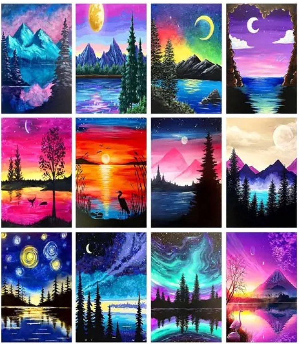 Huntex 12-Pack Diamond Painting Kit - Diamond painting Volwassenen - Diamond Painting kinderen - DIY Paint op Nummer - Ronde Steentjes voor Beginners en Gevorderden - 30x40cm