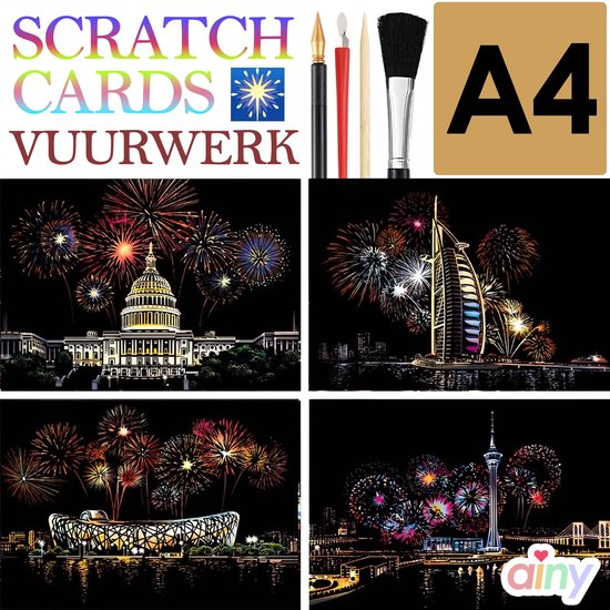 Foto: Ainy scratch art vuurwerk b a4 4 krastekening incl gereedschapen diy kras tekeningen schilderen op kleuren kunst hobby creatief voor volwassenen en kinderen meisjes knutselen ontspanningspakket schilderijen set nummer 5