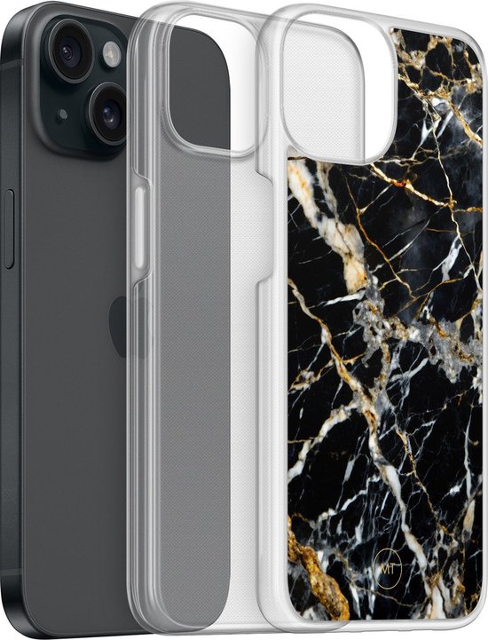 Coque hybride adaptée pour iPhone 13 - Élégance marbre noir - Protection Extra - Housse de protection de Luxe - Coque TPU - Transparent, Zwart, Or - Beautiful Housses de téléphone