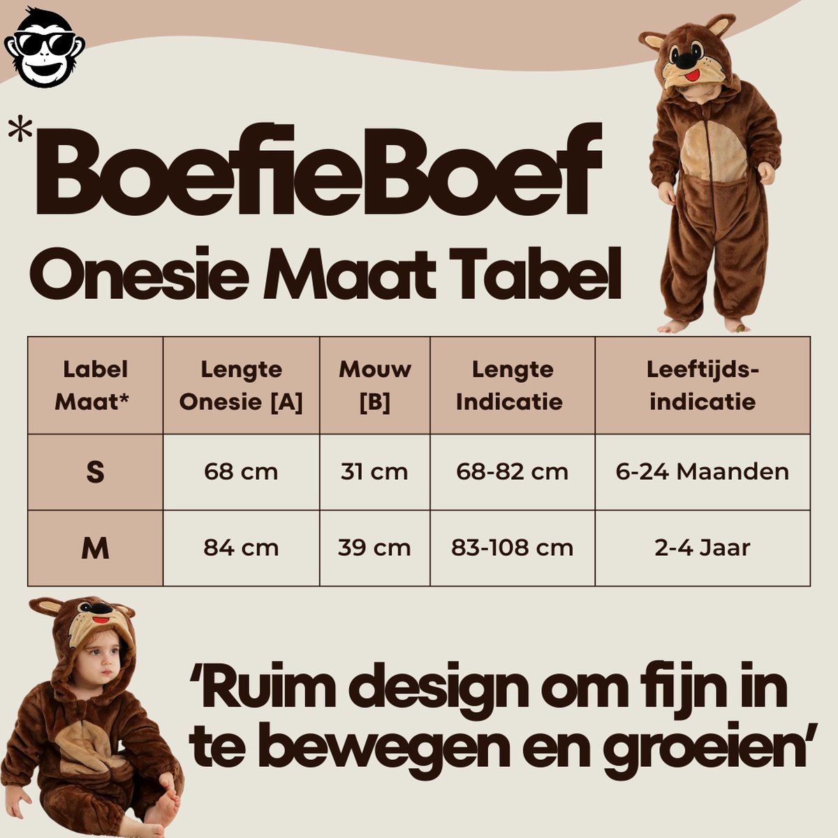 BoefieBoef Dieren Baby Onesie Peuter Pyjama Kinderen 6 maanden tot 2 jaar – Verkleedkleding met Luierrits – Carnaval Dierenpak - Halloween en Kraamcadeau Tip – Zacht Flanel - Romper - Boxpak - Jongens - Meisjes - Kruippak - Kangoeroe - Bruin — afbeelding 2