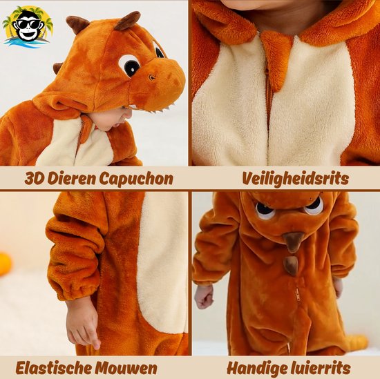 Een jong kind in een bruine dinosaurus onesie zit op de grond.