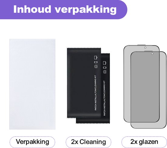 Inhoud verpakking: schoonmaakdoekjes, twee privacy screenprotectors en een witte doek, met tekst "2x Cleaning" en "2x glazen".
