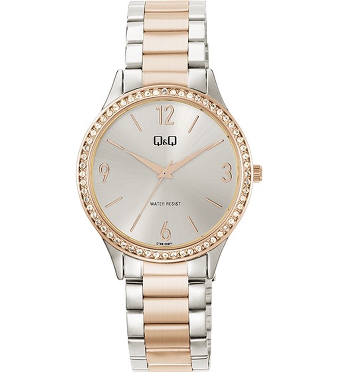 QQ Q75B-005PY - Horloge - Polshorloge - Analoog - Vrouwen - Dames - Stalen band - Rond - Metaal - Strepen - Cijfers - Zilverkleurig - Rosékleurig - Briljanten
