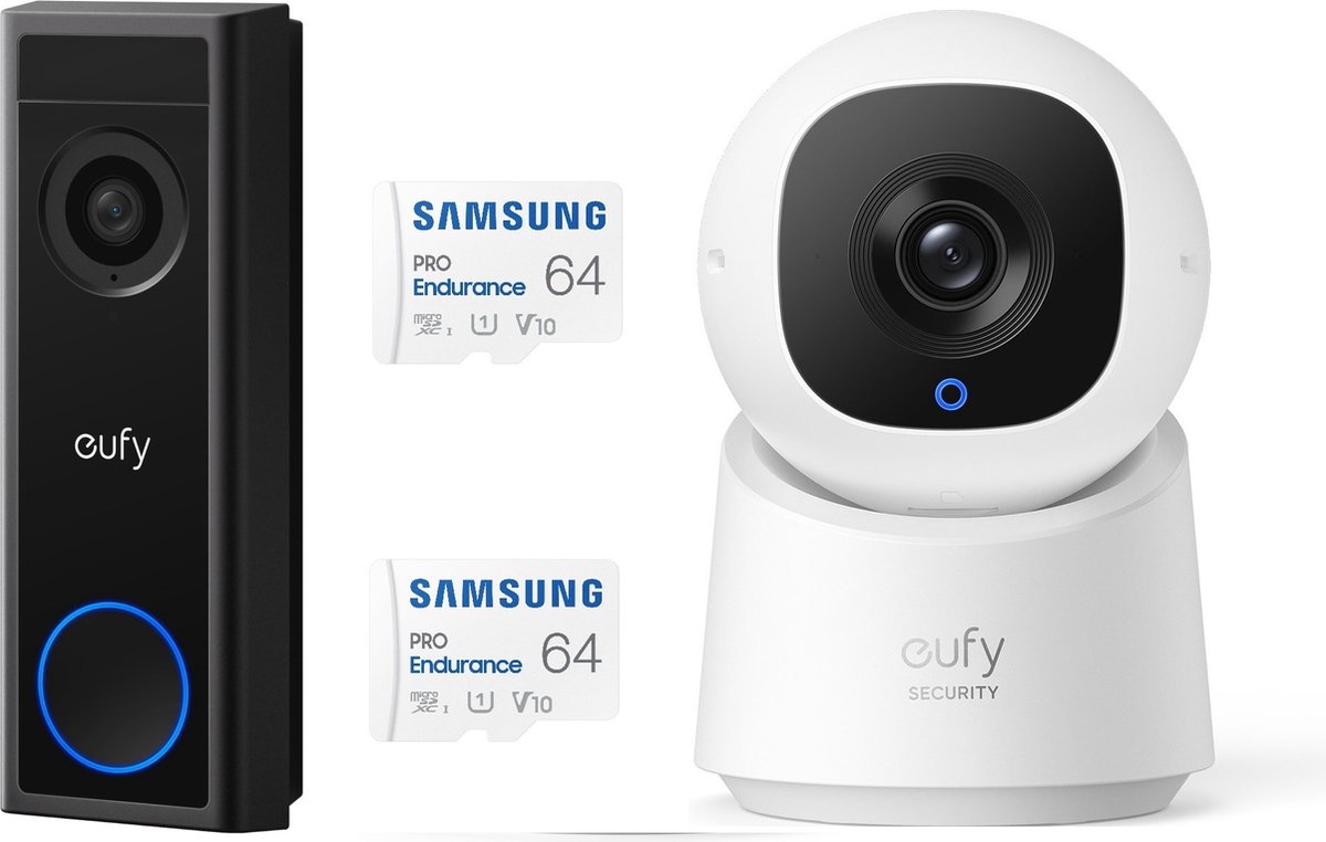 eufy Security C30 2K Draadloze Video Deurbel 2K FHD - Accu Zwart + eufy Security C220 indoorcam + 2X SAMSUNG MicroSDXC 64GB PRO - Bundel