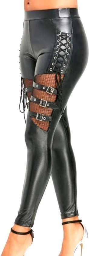 Legging sexy en cuir PU avec Boucles - Pantalon translucide pour femme - Zwart - Look Cuir