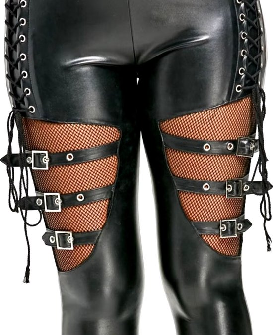 Zwarte PU-leren legging met visnet-inzetstukken, gespen en veters aan de zijkanten.