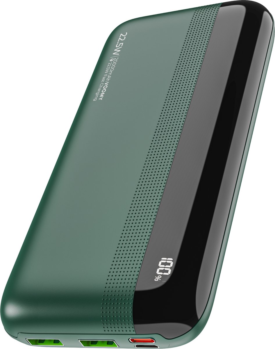 Voomy Powerbank 20.000 mAh - 22.5W Snellader - PD+QC USB C & USB A - Batterij Display - Geschikt voor iPhone 10 11 12 13 14 15 & Samsung S20 S21 S22 S23 S24 - Groen