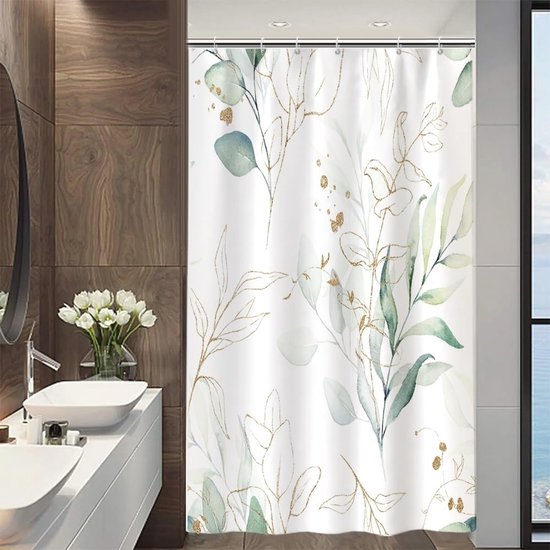 SDOTPMT 150 x 180 cm groene eucalyptus wit douchegordijn lente bloesem kruiden plant aquarel bad gordijn platteland natuurlijk landschap bad gordijn voor meisjes badkamer decor met haken