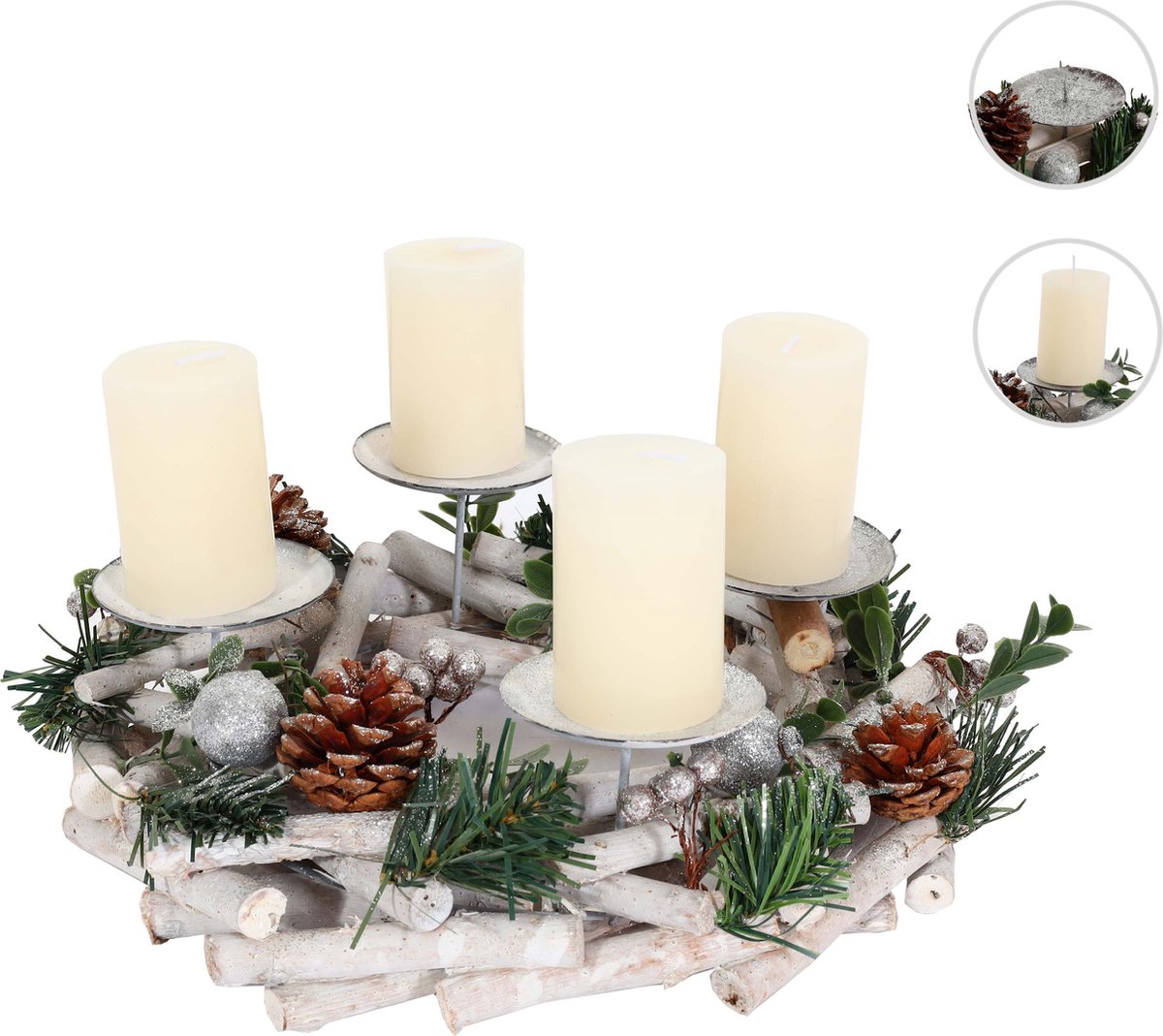Adventskrans MCW-M12, adventsarrangement tafelkrans kerstdecoratie tafeldecoratie hout zilver wit Ø 30cm ~ met kaarsen – foto 8