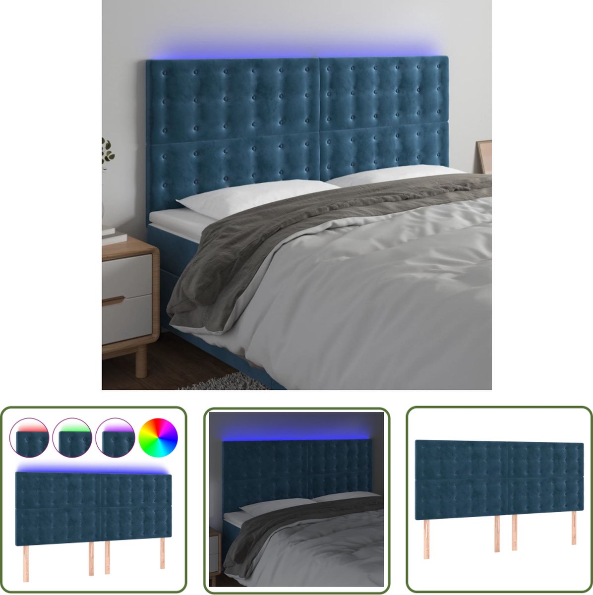 The Living Store Hoofdeinde Donkerblauw Stof - 160 x 5 x 118/128 cm - Verstelbare hoogte - LED-strip - USB-aansluiting - Montagehandleiding - The Living Store