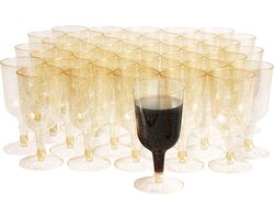 MATANA 50 Herbruikbare Plastic Wijnglazen met Gouden Glitter voor Bruiloften, Verjaardagen, Kerstmis & Feesten, 150ml - Elegant, Herbruikbaar & Stevig