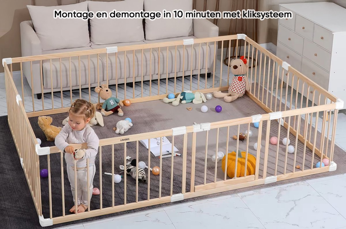 Houten Grondbox Baby & Extra Dikke Speelmat - 140x200 cm - Stabiele, Ongelakte Babybox met Deurtje - Eenvoudige Montage & Demontage (10 min) – foto 4