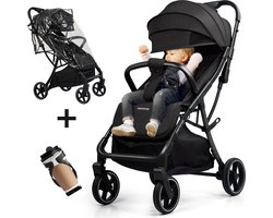 Memores Plooibuggy Zwart - Buggy Inklapbaar Inclusief Regenhoes, Bekerhouder en Tassenhaken - Peuter -Extra licht & Compact voor Vliegtuig, Auto & OV - Extra Veilig en Wendbaar door Grote Massieve Wielen - Tot 4 jaar - Kinderwagens - Wandelwagen - M1