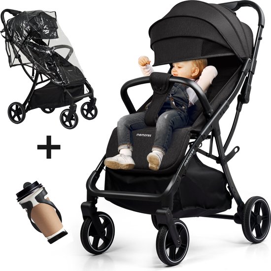 Memores Plooibuggy Zwart - Buggy Inklapbaar Inclusief Regenhoes, Bekerhouder en Tassenhaken - Peuter -Extra licht & Compact voor Vliegtuig, Auto & OV - Extra Veilig en Wendbaar door Grote Massieve Wielen - Tot 4 jaar - Kinderwagens - Wandelwagen - M1
