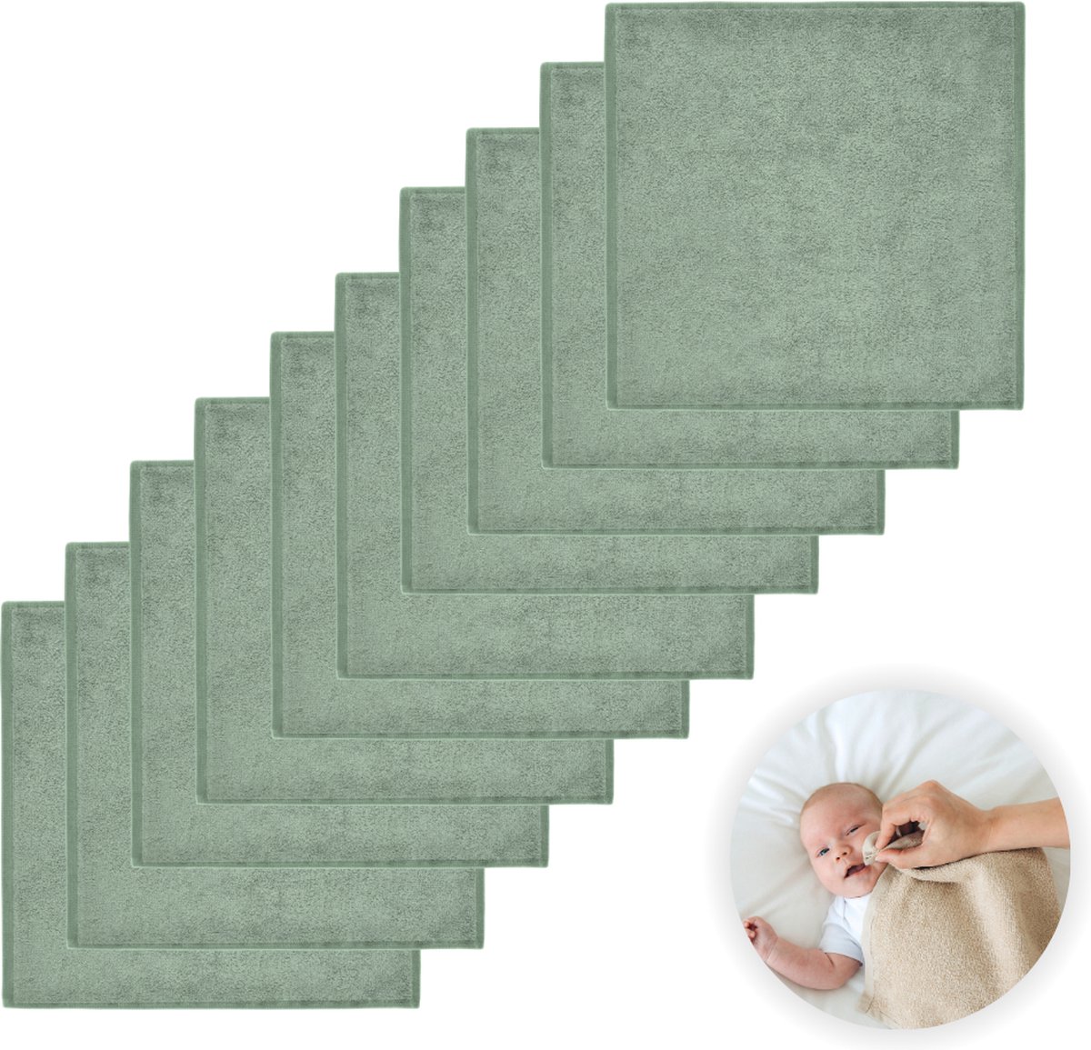 Goedkoopste Funnies Spuugdoekjes 10-Pack Stone Green - Set van 10 Zachte Spuugdoeken, Monddoekjes, Kwijldoekjes - 30x30 cm - 100 Katoenen Badstof - Absorberend, Sneldrogend en Zacht - Wasmachinebestendig - Perfect voor Gevoelige Babyhuid bij Voeden en Kwijlen