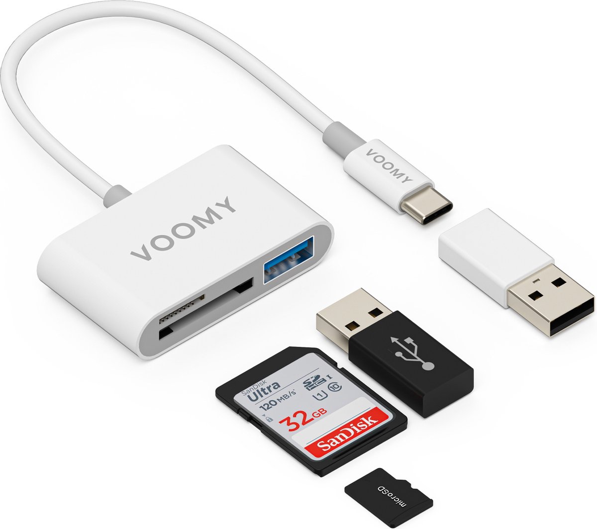 Voomy SD Kaart Lezer - 3 in 1 - SD / Micro SD / TF Card Reader - USB C & USB A - Kaartlezer Wit - Geschikt voor Laptop / Smartphone / Tablet / Universeel — afbeelding 1