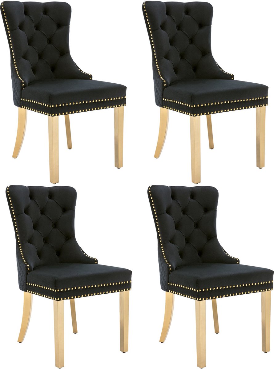 Merax Eetkamerstoelen Set van 4 – Velvet Zwart met Gouden Poten – Luxe Fluwelen Stoelen met Handgreep en Nagelkopdetails – 150 kg Draagvermogen