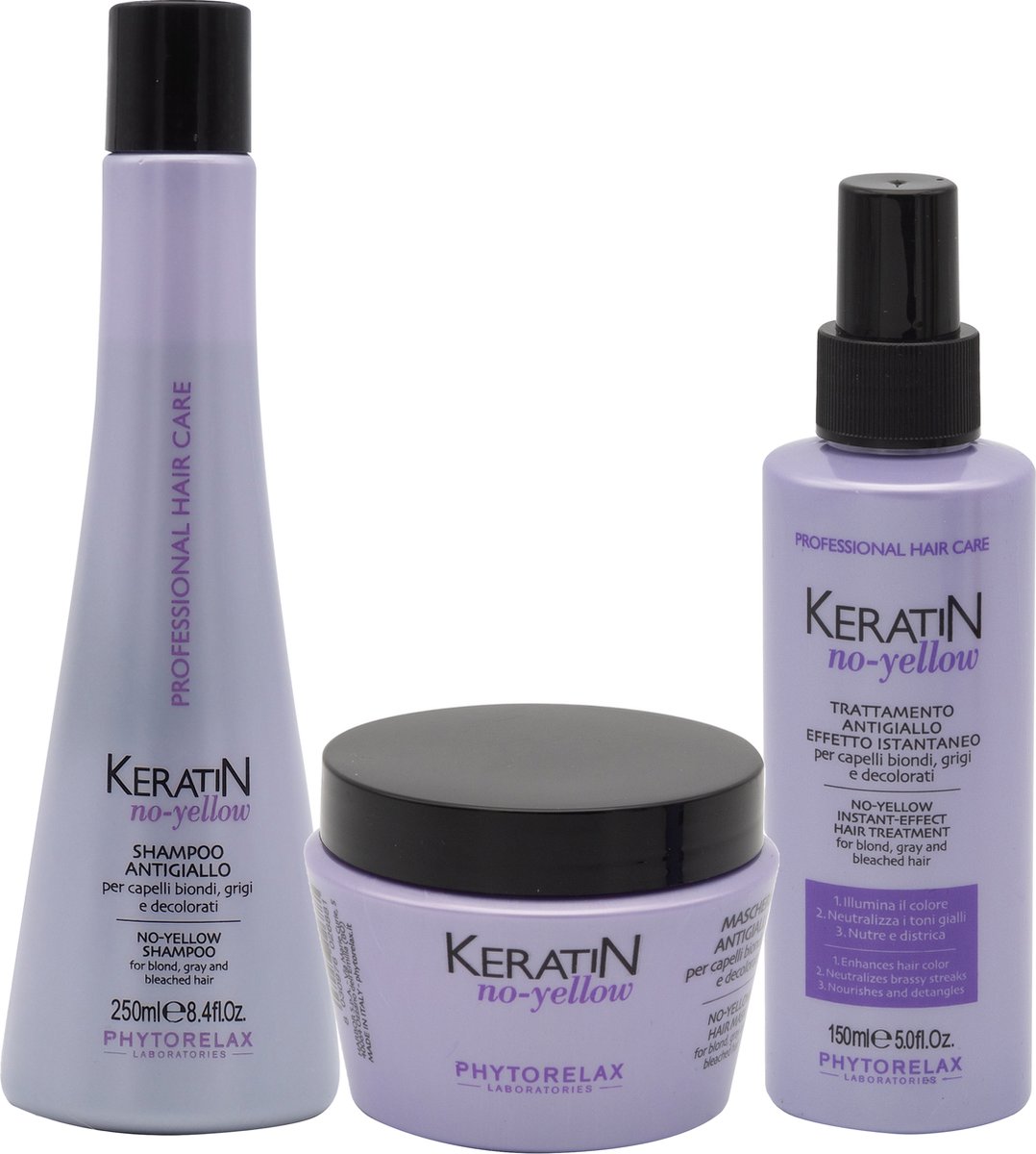 Phytorelax Keratin No-Yellow Haarverzorging Voordeelverpakking – Shampoo + Haarmasker + Haarspray – voor Blond, Grijs of Gebleekt Haar – 650ml