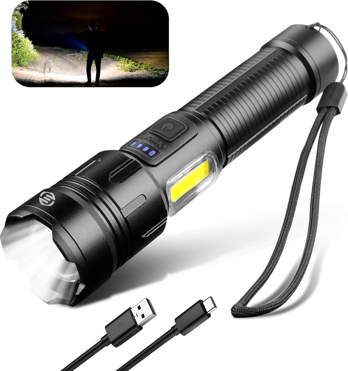 Equivera Militaire Zaklamp - Zaklamp LED Oplaadbaar - Meerdere Standen - Waterdicht - voor Thuis, Kamperen, Noodgevallen