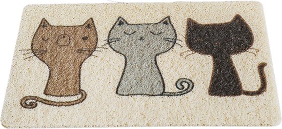 Un tapis avec trois motifs de chat : marron, gris et noir.