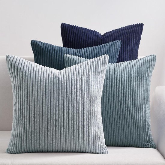 Topfinel Kussensloop, 45 x 45 cm, marineblauw, van corduroy, superzacht ribfluweel, decoratieve kussensloop voor de zetel, slaapkamer, woonkamer, bed, geruit, 4 stuks
