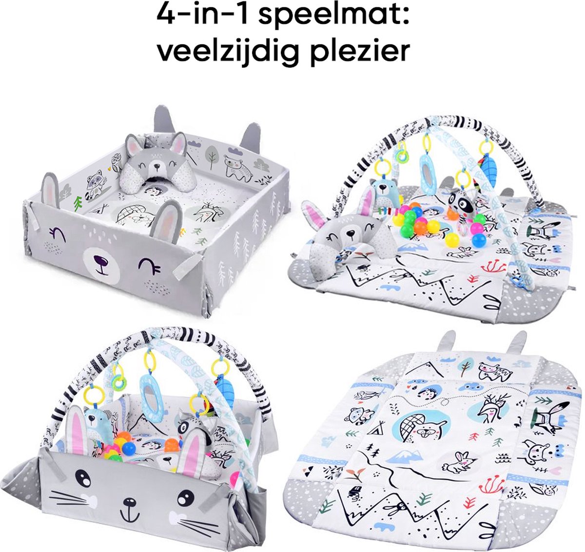 Multifunctioneel Speelkleed Baby + Buikligtrainer - Babygym met AANPASBARE WANDEN - Speelmat met Boog - Incl. 20 Ballen + 5 Speeltjes - Vanaf 0m+ — afbeelding 7