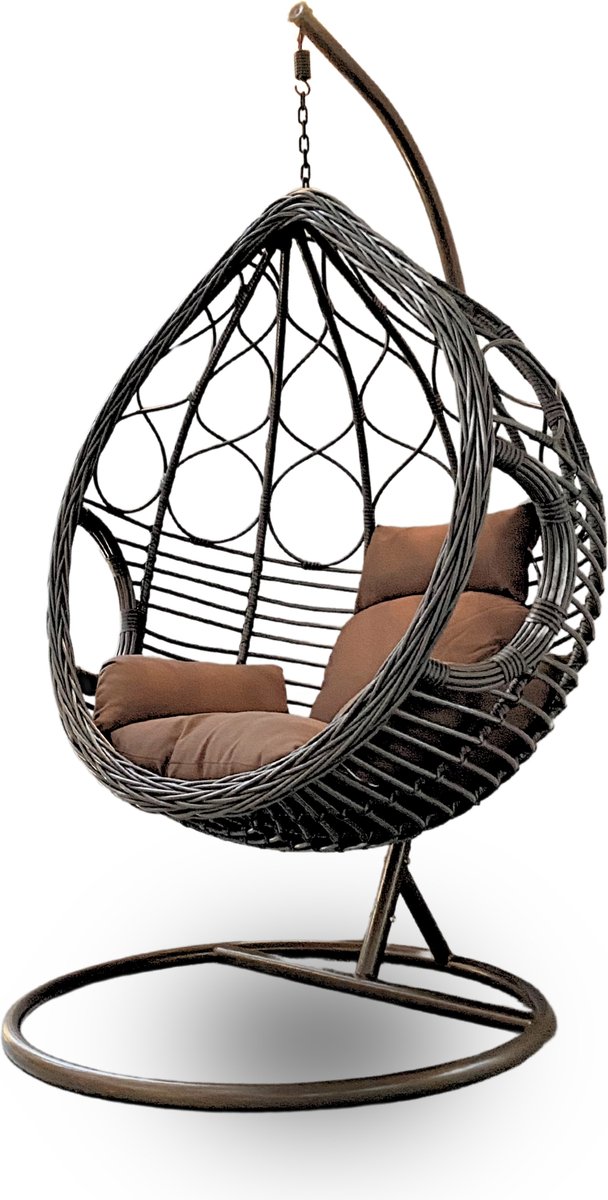 Rijoka Hangstoel Eggy Deluxe Schommelstoel – Bruin Rattan - Inclusief kussen en standaard - Medium - Voor personen 1.60m Max.