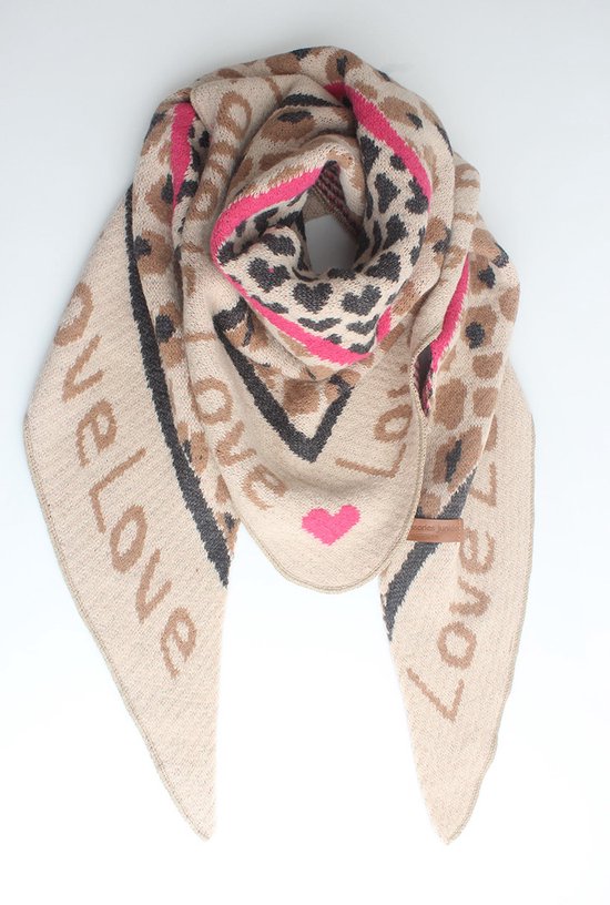 Love omslagdoek- Accessories Junkie Amsterdam- Dames- Herfst winter- Gebreid- Driehoek sjaal- Camel gebreid tekst- Beige fuchsia zwart