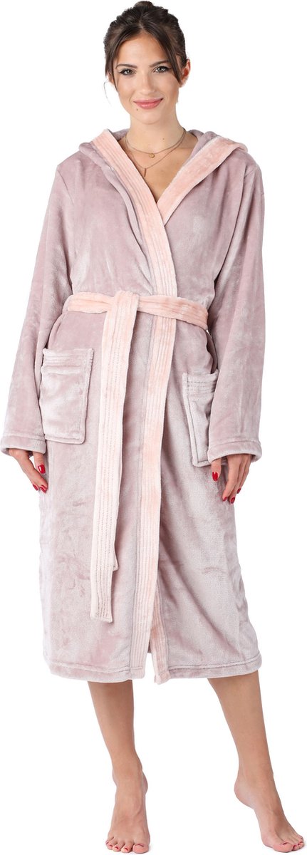 Bellivalini Dames Badjas met Capuchon - Wasmachine bestendig - Polyester - Poederroze - M - BLV-BLV50-168-DG