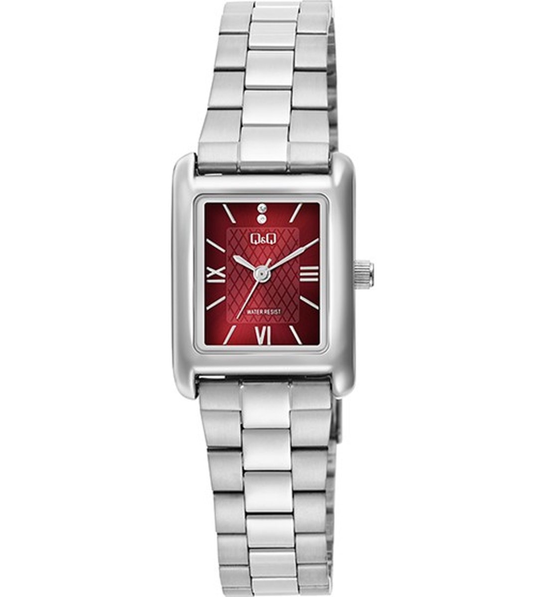 QQ C69A-002PY - Horloge - Polshorloge - Analoog - Dames - Vrouwen - Stalen band - Rechthoek - Metaal - Streepjes - Romeinse Cijfers - Zilverkleurig - Rood