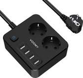 Voomy Stekkerdoos met 4 USB poorten - Aan/Uit Schakelaar - 2 Stopcontacten - 6-Voudig - Zwart