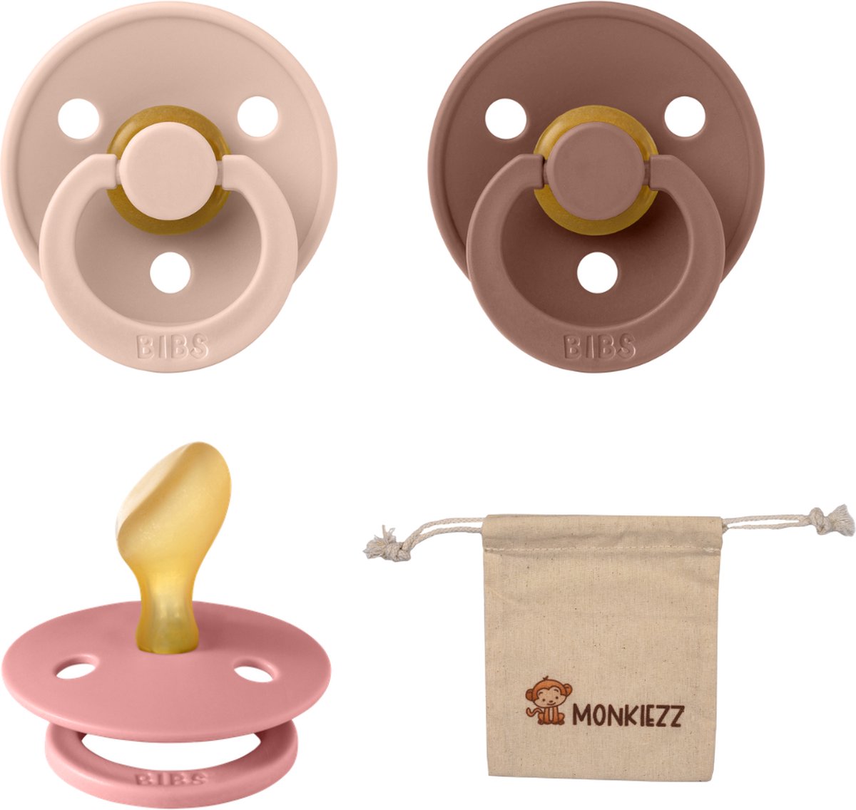 Goedkoopste Bibs Dental fopspenen Anatomical 6-18 maanden- Set 3 stuks- Blush, Woodchuck, Dusty Pink Monkiezz speenzakje - orthodontisch- Anatomisch- Maat 2