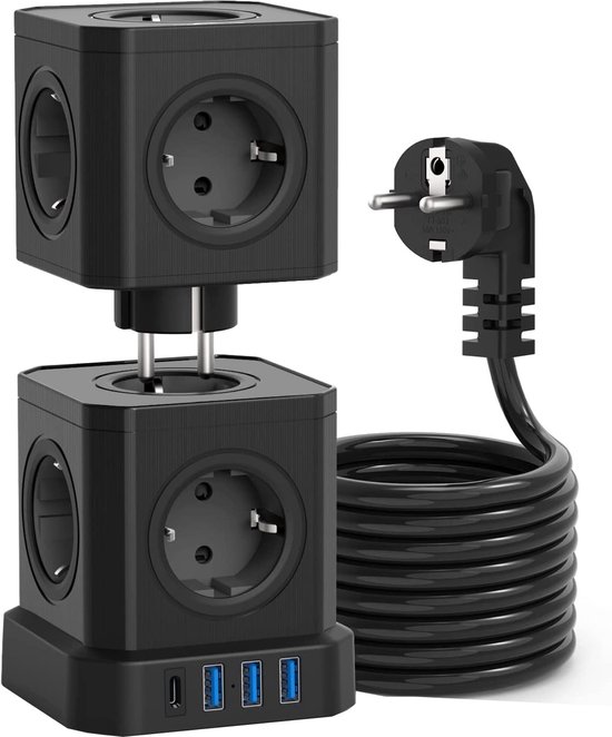 Voomy Toren Cube 20W Stekkerdoos - USB-C Snellader - 10 Stopcontacten - 4 USB Poorten - Powercube - 2M Verlengsnoer - Zwart