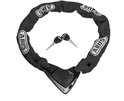 Zwart ABUS kettingslot met twee sleutels. Het slot is rondom bedekt met witte ABUS logo's.