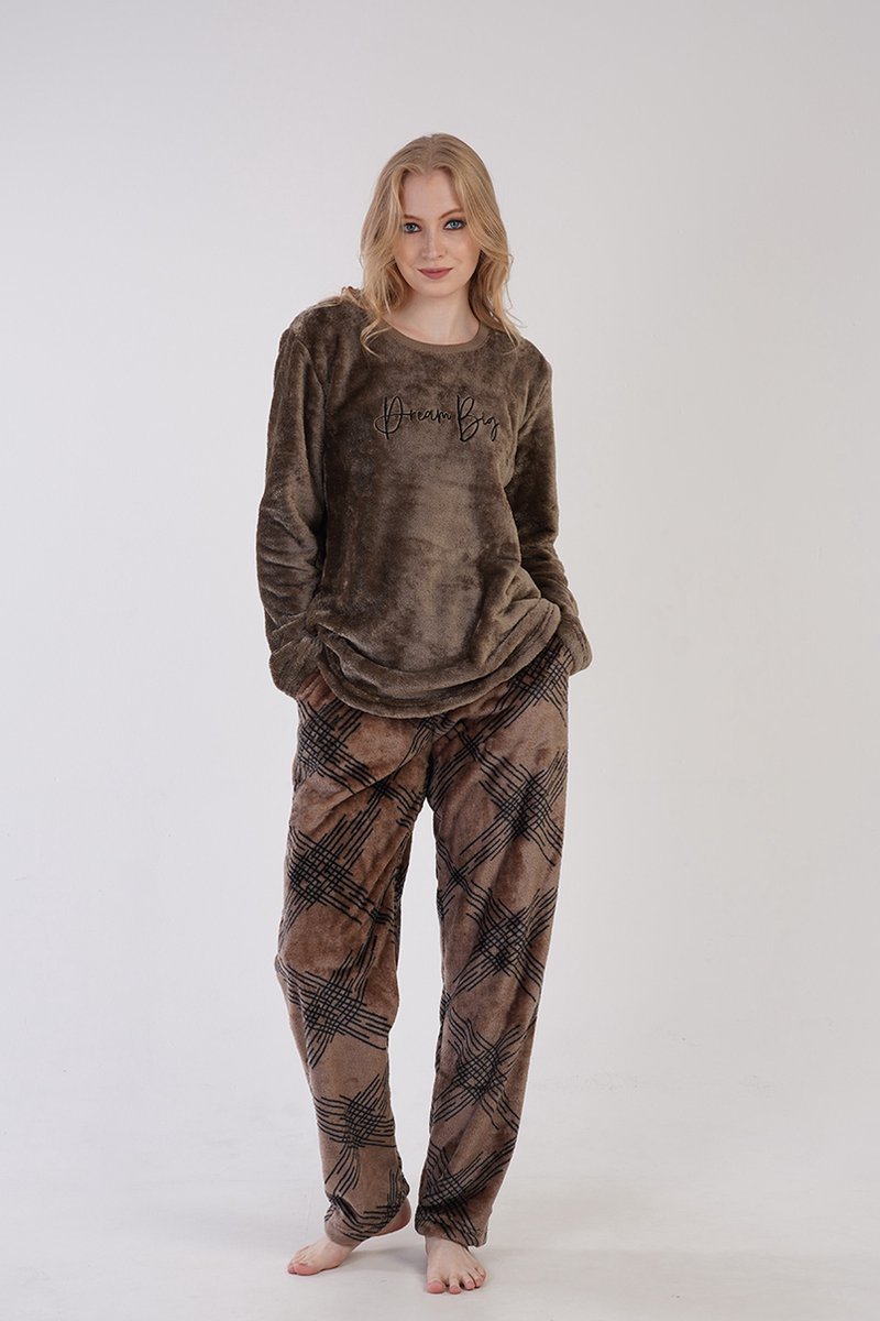 Vienetta Dames Zachte Pluche Pyjama Set, Lange Mouwen Bruin