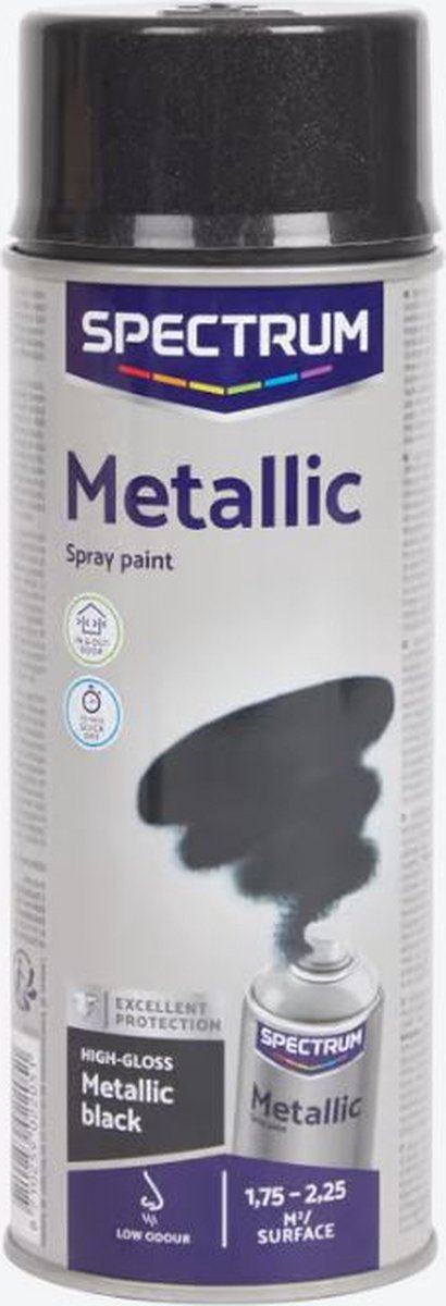 Spectrum Spuitverf | Spuitlak | Spuitbus | kleur Zwart Hoogglans | Metallic Black | Sneldrogend | Binnen & Buiten| 400 ml