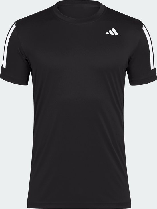 Zwart adidas sportshirt voor heren met 3-strepen op de mouwen, op de voorkant.