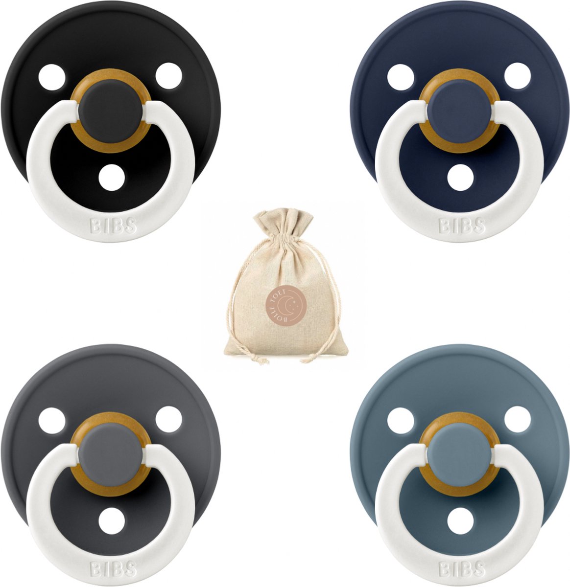 Goedkoopste Bibs fopspenen maat 1 0-6 maanden - set 4 spenen bolletoet speenzakje - Glow Petrol, Iron, Deep space en Black