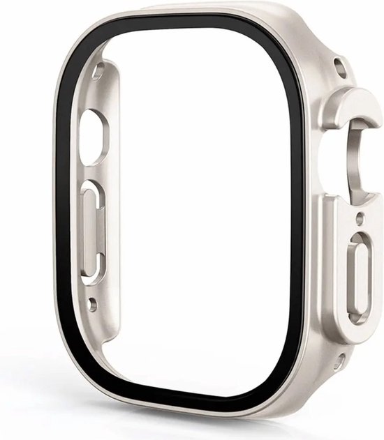 Een zilverkleurige bumper voor een Apple Watch met zwarte rand.