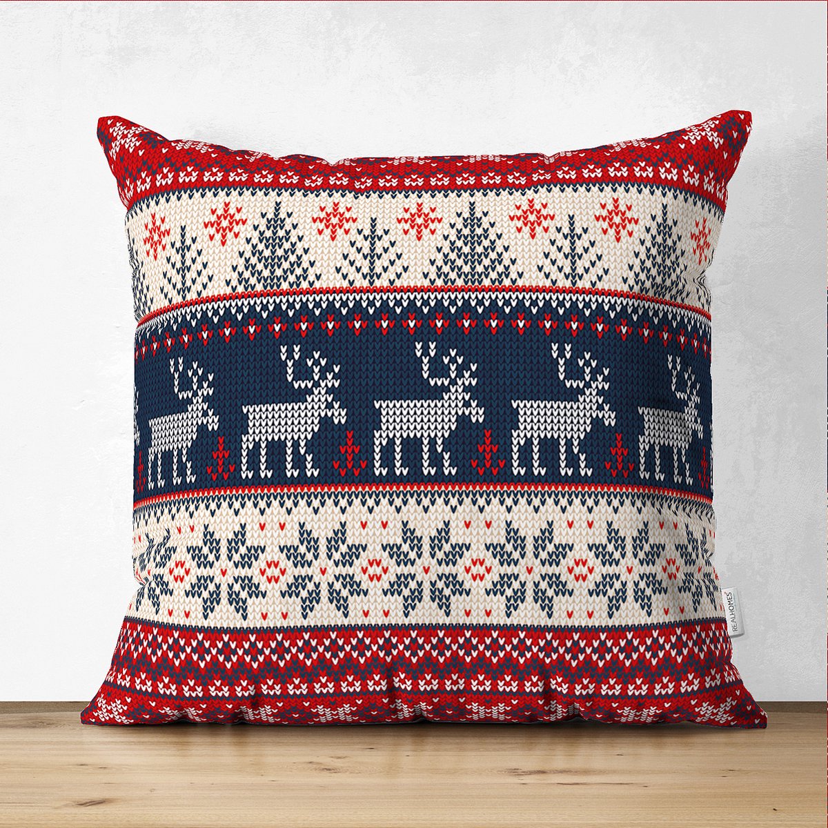 De Groen Home Sierkussen velvet - 50x50 cm - Kerst rendieren - Christmas reindeers - Inclusief binnenkussen Rood