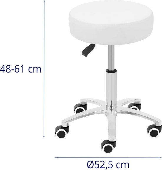 Wit werkkrukje met verstelbare hoogte (48-61 cm) en diameter van 52,5 cm, op wieltjes.
