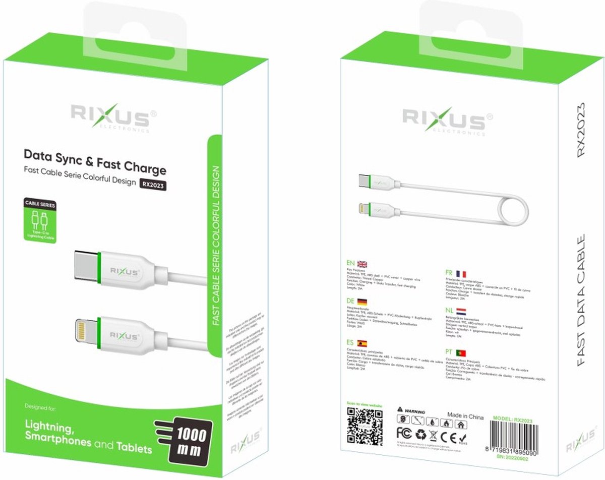 Rixus - 2 meter USB-C naar USB-C kabel - 20w Extra Duurzaam - Snellader voor o.a. Samsung, MacBook, iPhone 15, iPad Pro - wit/groen