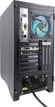 Zijaanzicht van een zwarte pc-behuizing met open achterpaneel, met USB-poorten, videokaartuitgangen en een blauwe ventilator.