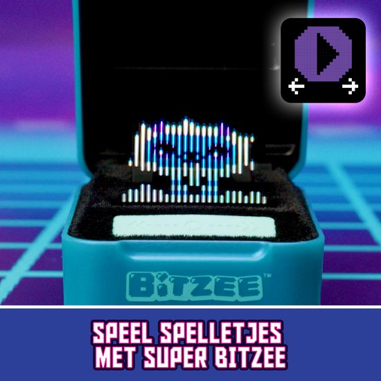 Een BITZEE beestje in een open doosje, met een pixel gamepad-icoon erboven.