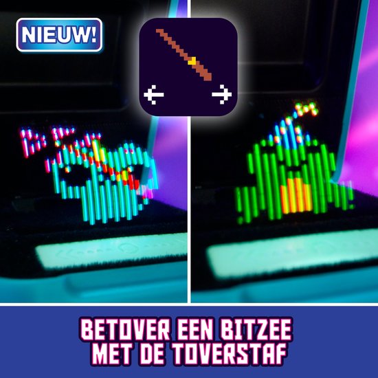 Twee BITZEE beestjes, een groene en een lichtblauwe, worden omgetoverd met een toverstaf.