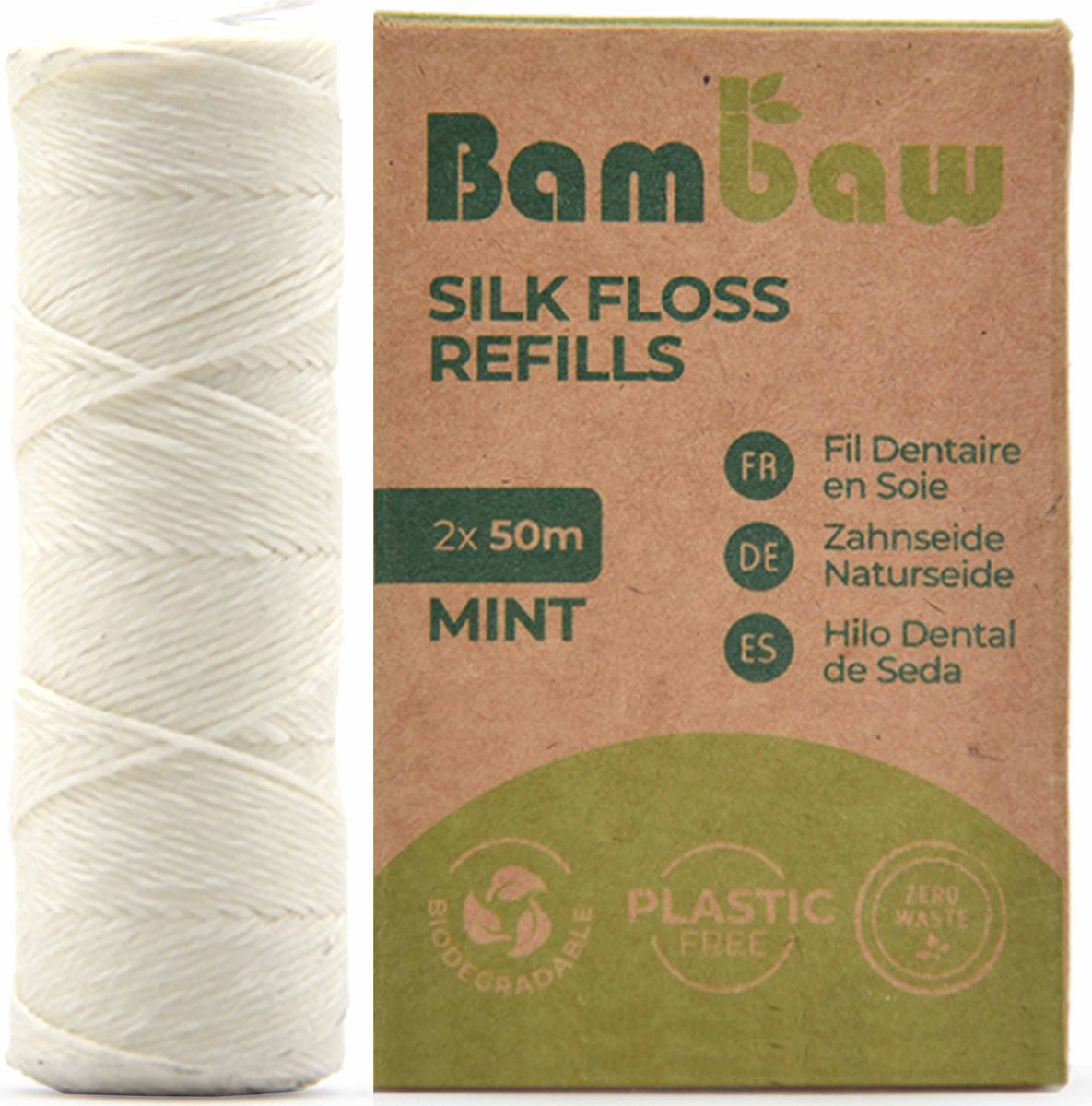 Flosdraad Zijde | Natuurlijke Tandzijde | Candelillawas Tandzijde | Natuurlijke Flosdraad | Plasticvrij Flossen | Eco Tandzijde | Navulpak | Zero-waste Flossen | Zijden Flosdraad | Munt | 2x50m | Bambaw
