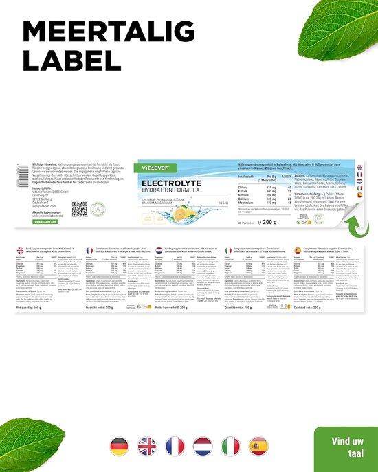 Elektrolyten - 200 g (40 porties) - Hydratatieformule met chloride, kalium, natrium, calcium, magnesium - Perfect voor sporters met vochtverlies - Zonder suiker - Veganistisch - Citroensmaak - Vit4ever — afbeelding 4