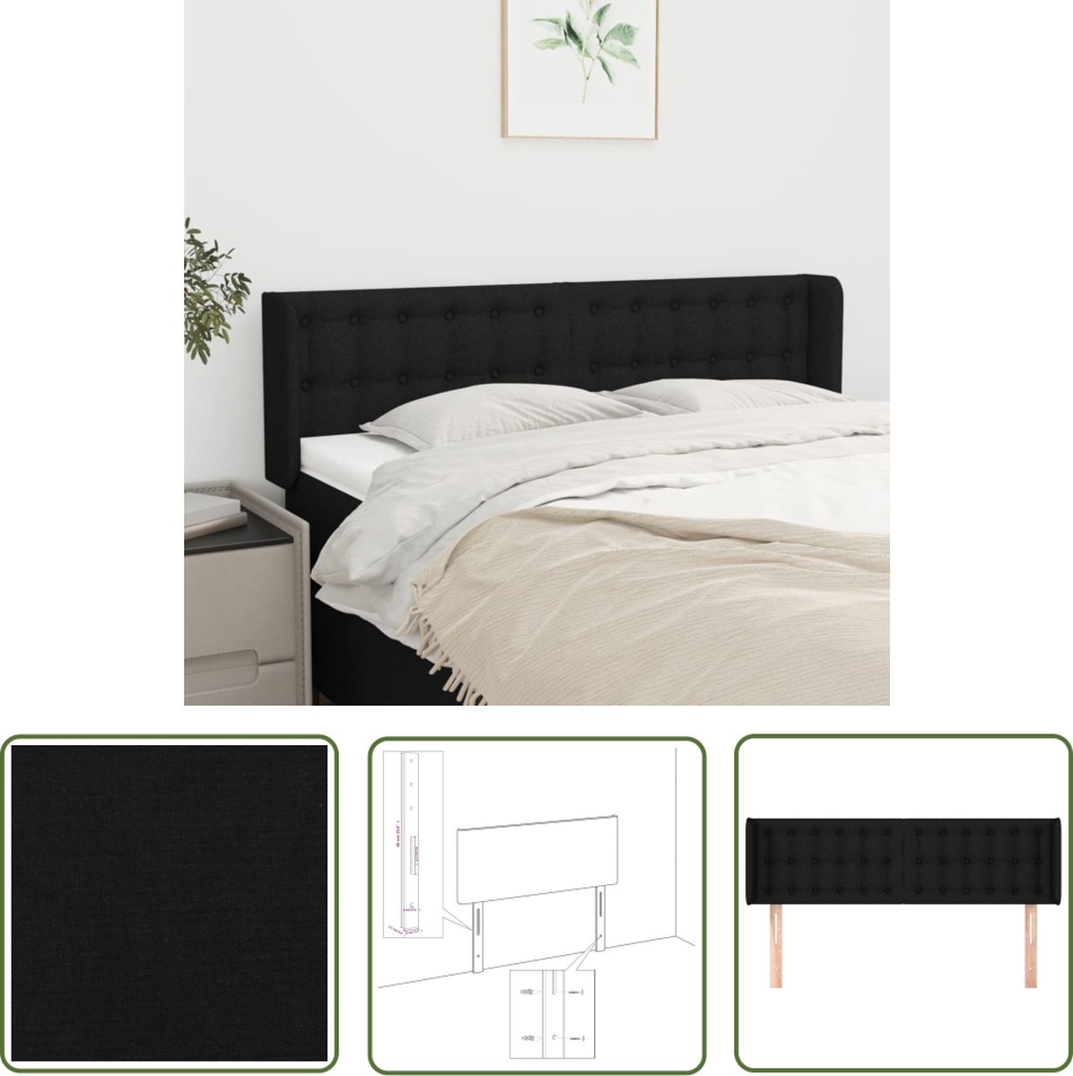 The Living Store Hoofdeind - Klassiek Trendy - Zwart - 147 x 16 x 78/88 cm - Duurzaam Materiaal