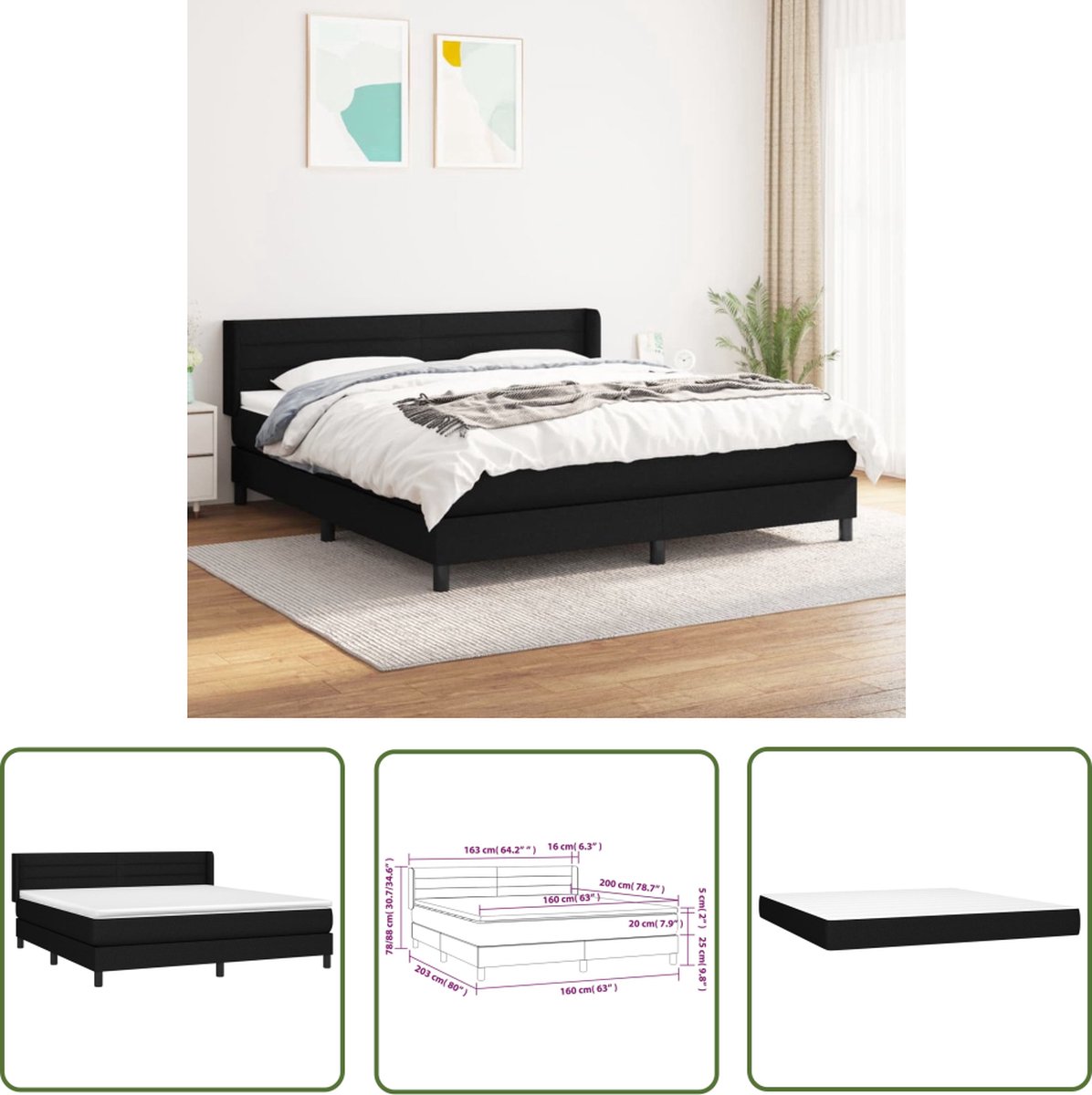 The Living Store Boxspringbed - Pocketvering - Middelhard - 160 x 200 cm - Zwart