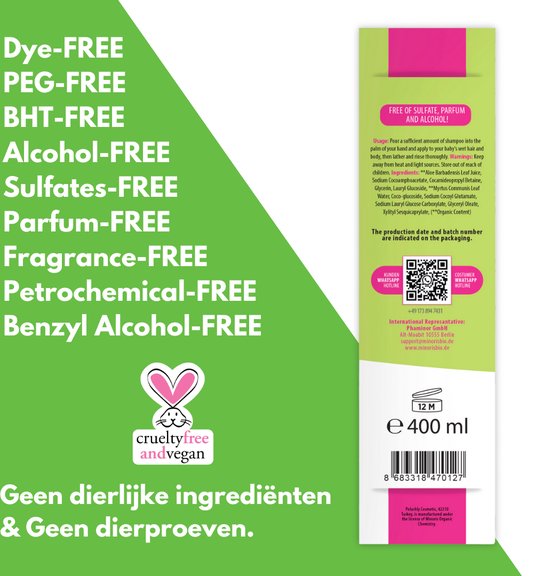 Minoris Baby Haar- en Lichaamsshampoo | Biologische & Natuurlijke Inhoud, Prikvrij, Ultra-Zacht, Dermatologisch Getest, Vrij van Sulfaten & Parabenen, Vegan, pH 5.5, Behandeling van Berg bij Pasgeborenen, 400 ml